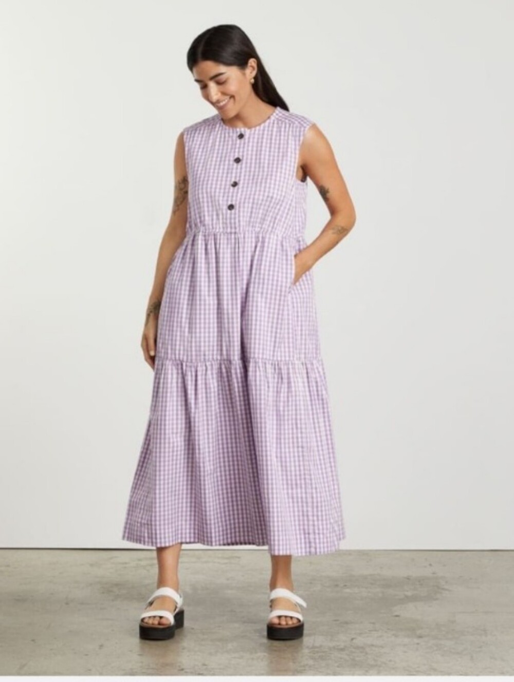 Everlane Lavender Gingham Sleeveless Tiered Maxi Dress with Buttons